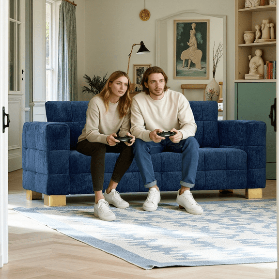 FX-P54-RB Retro Blue Chenille 3-Seater Sofa with Wide Arms & Custom Stainless Steel Legs - Modern Living Room Couch, Plush Cushioning, Ideal for Carpets