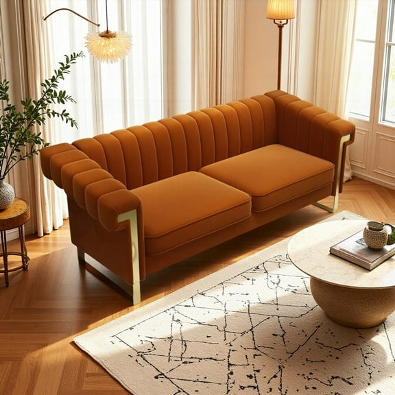 FX-P81-OR2 Mid-Century Modern Velvet Sofa with Core Values|Gold Accents & Deep Seating