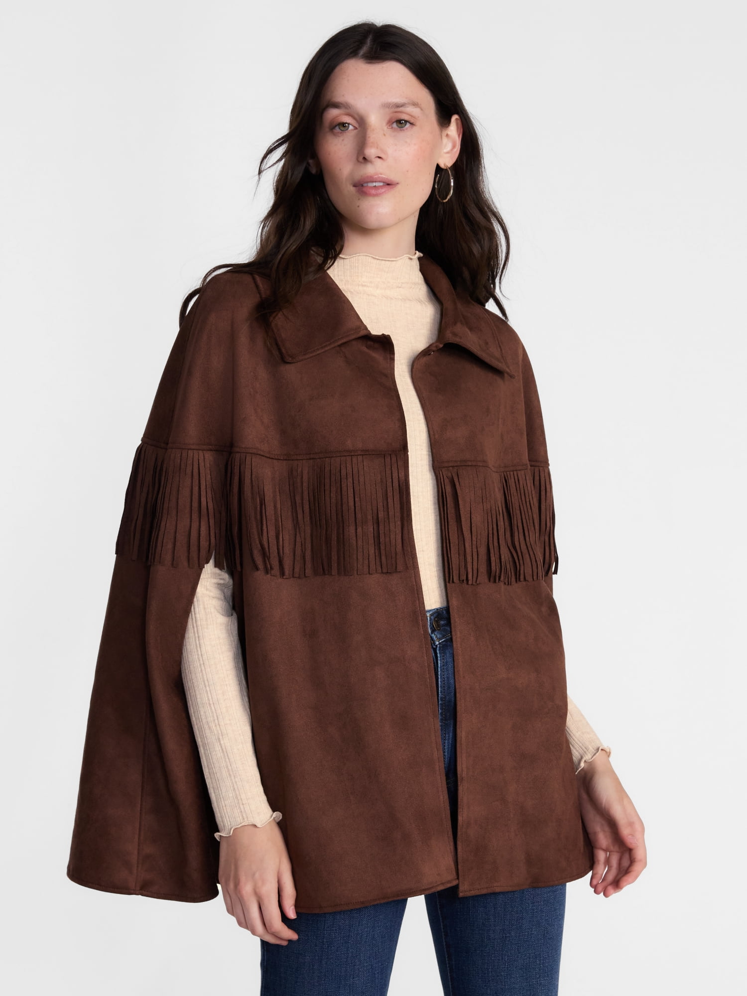 Scenario Women's Faux Suede Fringe Cape, Midweight, Sizes S-3XL