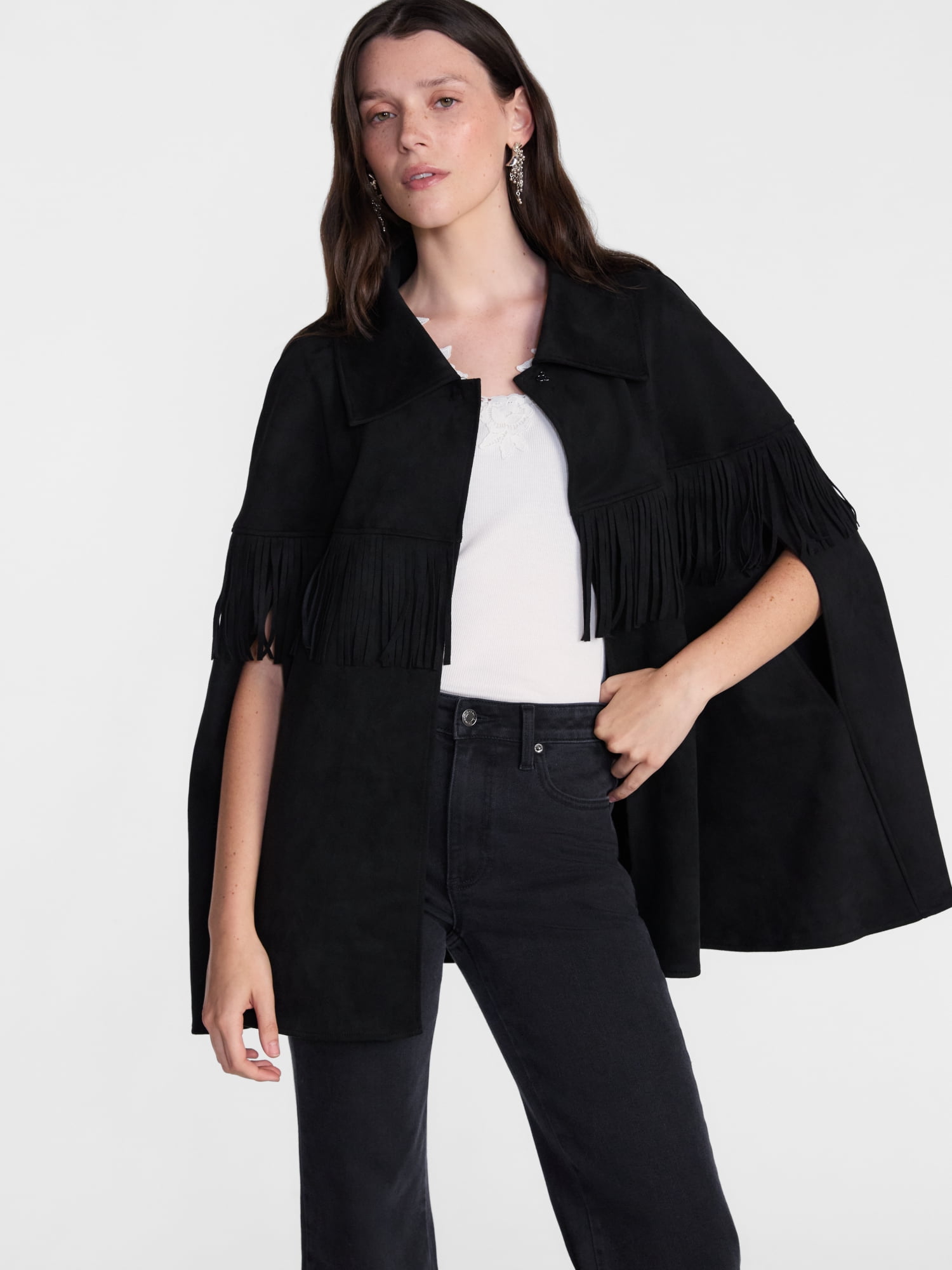 Scenario Women's Faux Suede Fringe Cape, Midweight, Sizes S-3XL