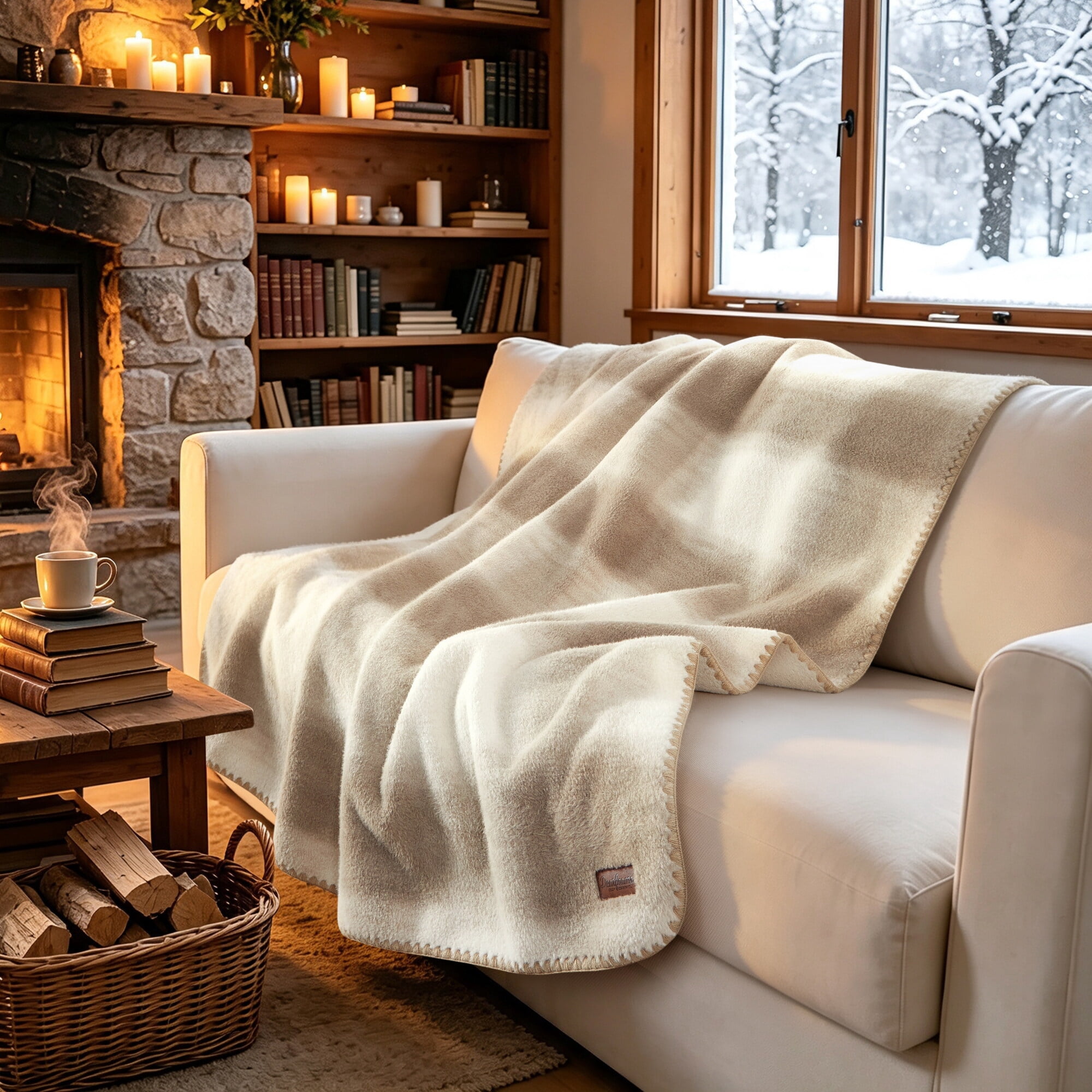 Dearfoams Reversible Faux Wool Oversized Couch Throw Blanket, Beige, 50 x 70 in