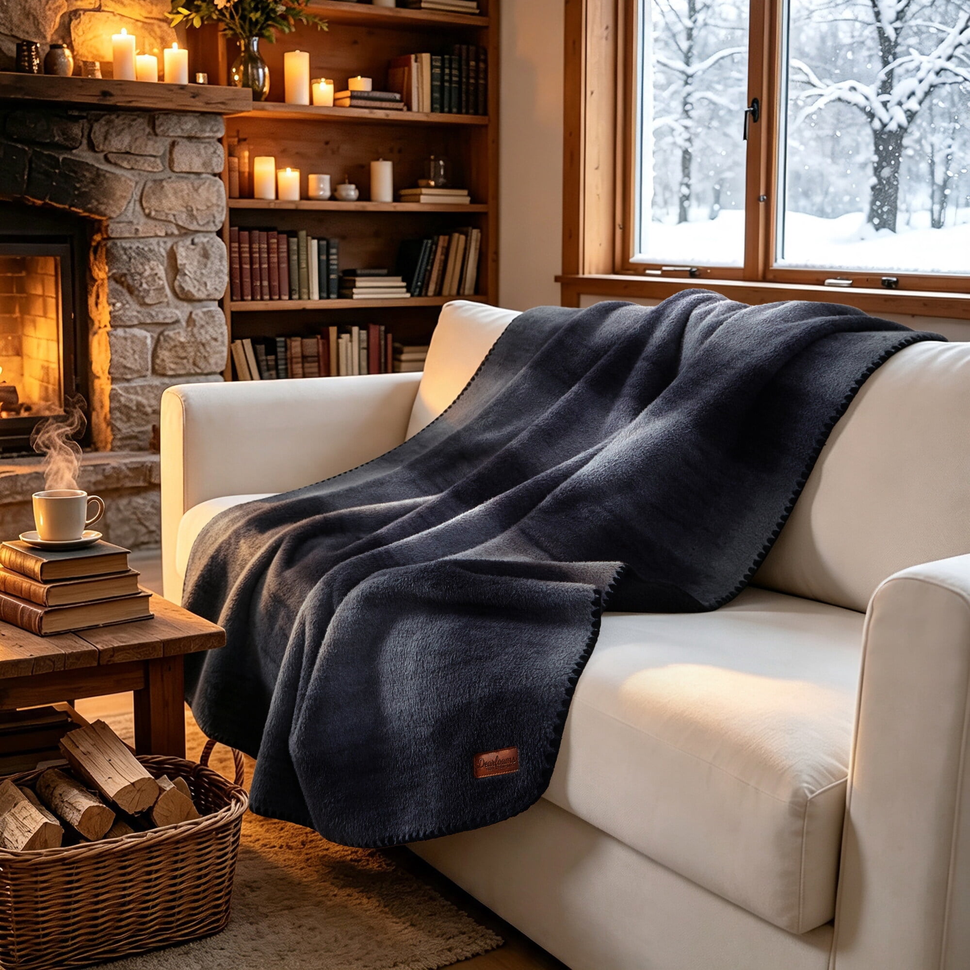 Dearfoams Reversible Faux Wool Oversized Couch Throw Blanket, Black, 50 x 70 in
