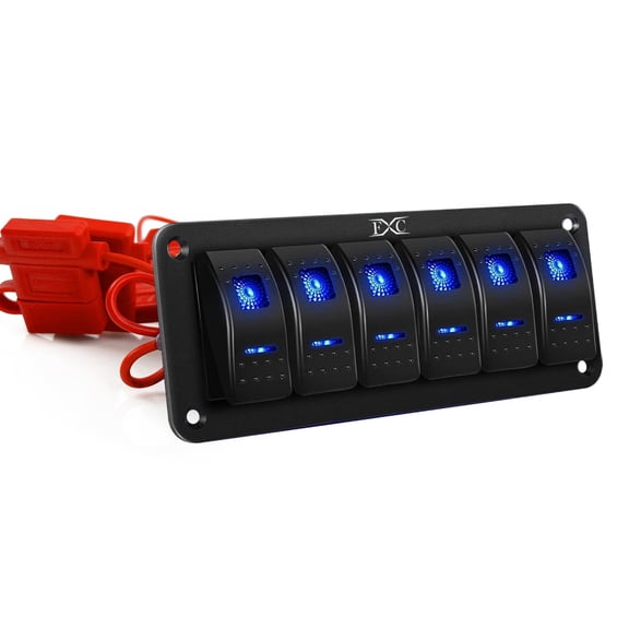FXC Pre-Wired 6 Gang Rocker Switch Aluminum Panel with 40A Inline Fuse, Waterproof 6-Pin On-Off Car Boat Switch, Blue LED Switch Panel for Marine Boat Automotive RV Truck ATV Vehicles 12V/24V