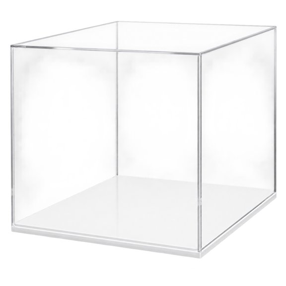 FXJ 12-Inch Clear Acrylic Display Box with White Base, One-Piece Dust Cover Showcase for Collectibles, Memorabilia, Models, Retail and Home Display