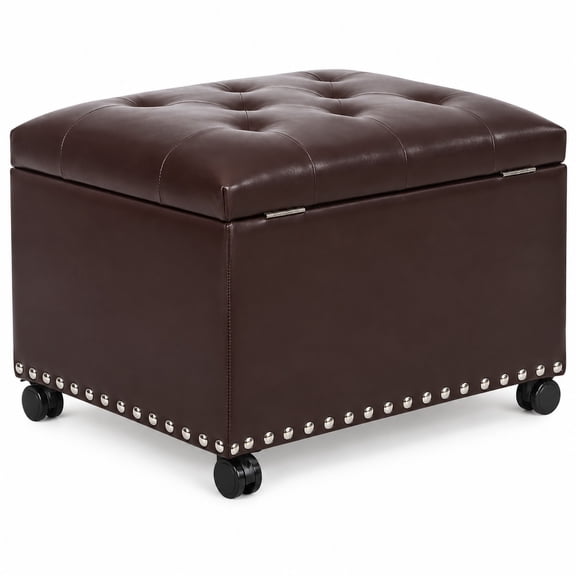 FXJ 24-Inch Storage Ottoman with Wheels, Vintage Brown Faux Leather Footrest with Hinged Lid, Nailhead Trim and Locking Casters for Living Room, Bedroom or Entryway