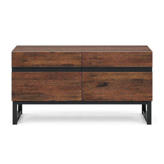 FXJ 35.4-Inch Modern TV Stand for TVs up to 40 Inch, Brown Engineered Wood Media Console with 2 Storage Cabinets, Adjustable Shelf, Metal Base and Cable Management