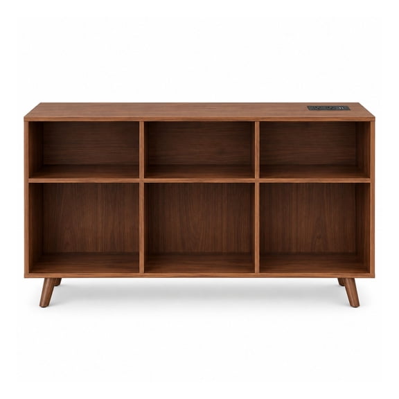 FXJ 55.1-Inch Record Player Stand with Power Outlet and USB Ports, 6-Cube Vinyl Record Storage Cabinet for Up to 350 Albums, Walnut
