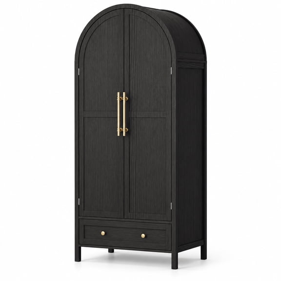 FXJ Black Arched Wardrobe Armoire, 2 Doors, 1 Drawer, Hanging Rod and Shelf, 69.7 in Tall