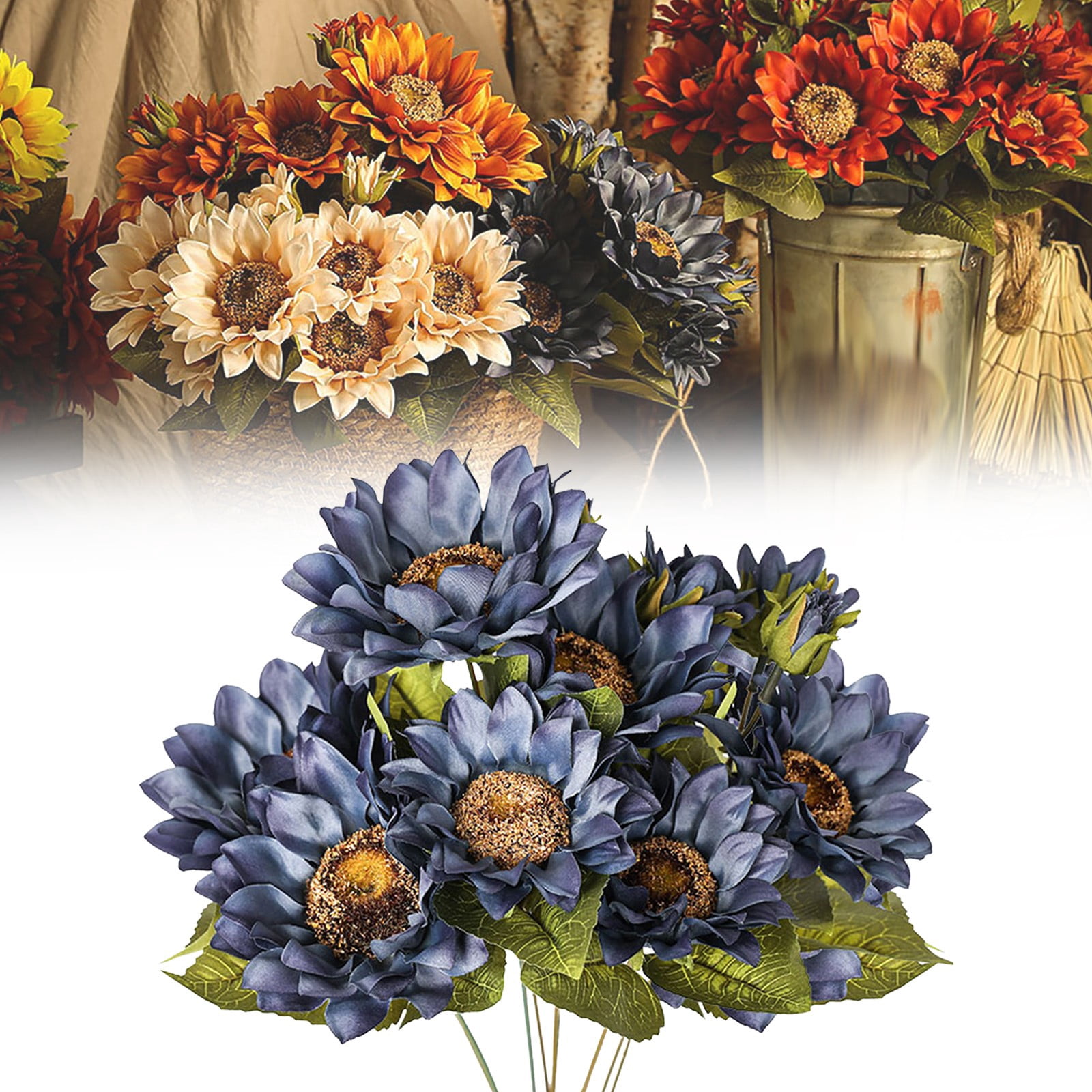 FXMLRLK 1 Bunch 11.8" W x 19" H Large Sunflowers Artificial Flowers with Long Stems Silk Fake Big Sunflowers Bouquet Faux Sunflower Arrangement for Home Vase Wedding Garden DIY Fall Decor,Blue
