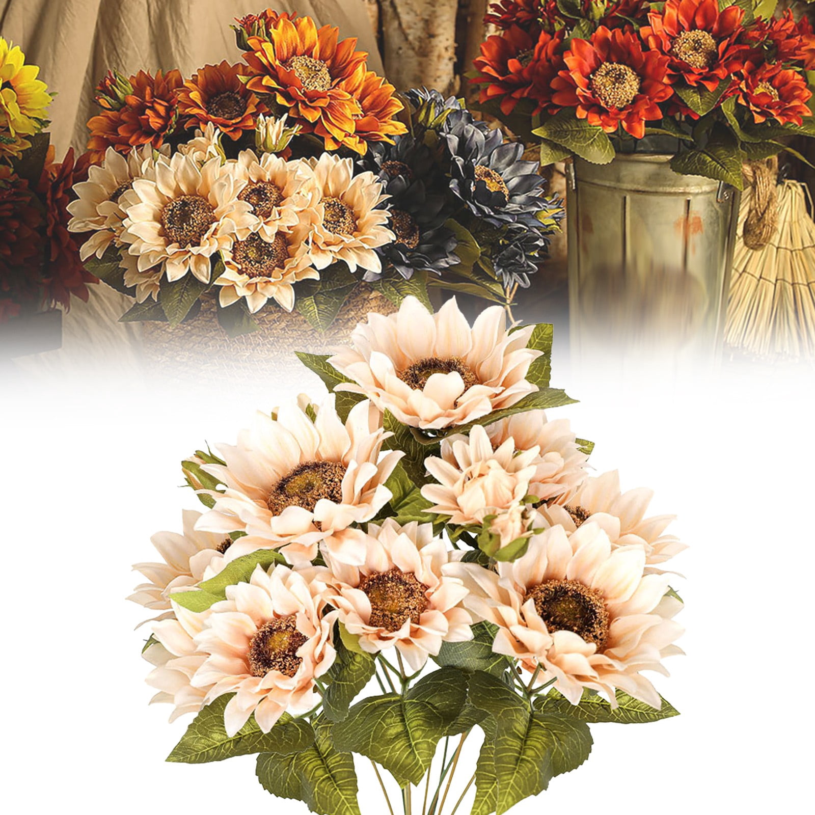 FXMLRLK 1 Bunch 11.8" W x 19" H Large Sunflowers Artificial Flowers with Long Stems Silk Fake Big Sunflowers Bouquet Faux Sunflower Arrangement for Home Vase Wedding Garden DIY Fall Decor,White
