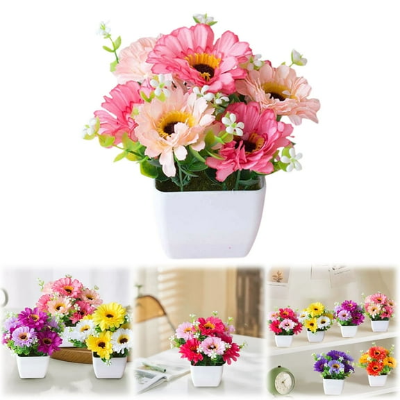FXMLRLK 1 PCS Artificial Flowers Potted, Small Fake Flowers with Plastic Pot, Flowers Decor, Plants, Mini Floral Bonsai, Artificial Faux Plants for Home Indoor Decoration Wedding