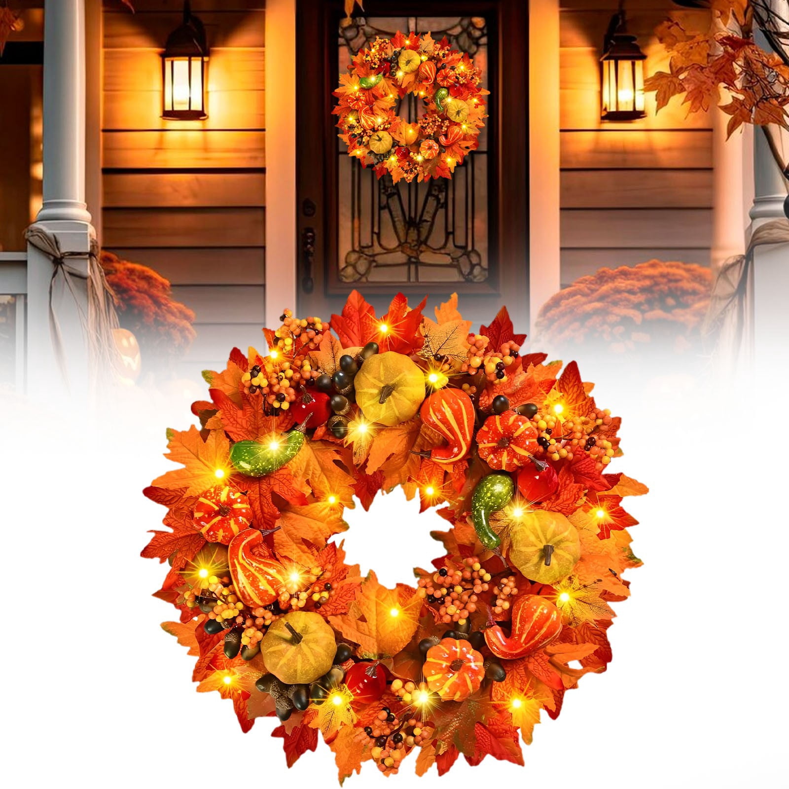 FXMLRLK 1 PCS Fall Wreaths for Front Door with Lights, Fall Door Wreath ...