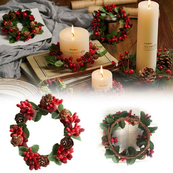 FXMLRLK 1 PCS Winter Candle Rings, Mini Wreaths With Pine Cones & Red Berries, Fit 2 Inch Pillar Candles, Table Decor, Farmhouse Mantel Decor