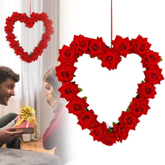 FXMLRLK 1 Pack 13.38 Inch Red Heart Wreath, Artificial Rose Wreath Flower Wreaths for Front Door with Artificial Red Roses for Gifts Anniversary Wedding Candlelight Dinner Decor