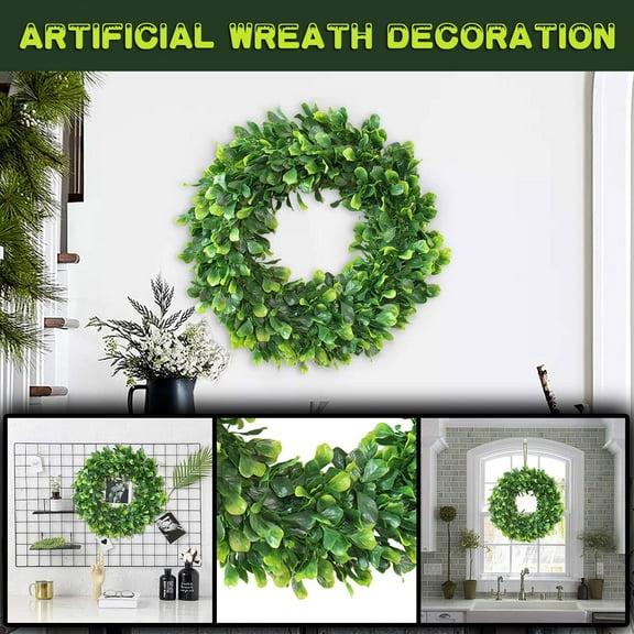 FXMLRLK 1 Pack Artificial Green Leaves Wreath - 16" Boxwood Wreath Outdoor Green Wreath for Front Door Wall Window Party Decor