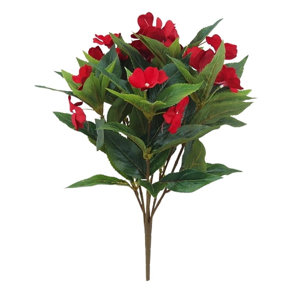 FXMLRLK 1 Pack Artificial Impatiens Flowers for Outdoors Faux Impatiens Bushes Silk Flowers Greenery Artificial Impatiens Bouquet for Patio Lawn Garden Pot Hanging Basket Porch Decoration, Red