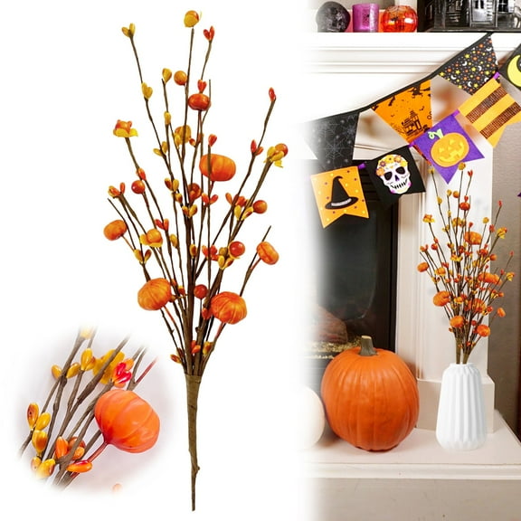 FXMLRLK 1 Pack Artificial Orange Berry Stems Twigs with Pumpkins Sprigs 16.5 Inches Harvest Fall Floral Picks Fake Berries Sprays Branches for Autumn Winter Thanksgiving Festival Home Decoration