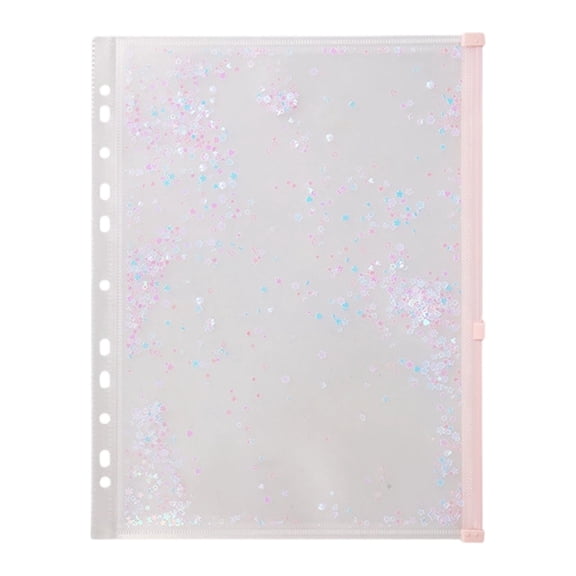 FXMLRLK 1 Pack Clear Plastic Zipper Pockets Envelopes for A4 11-Ring Binder Notebook, Built-in Glitter Flakes Decorations, Light Pink