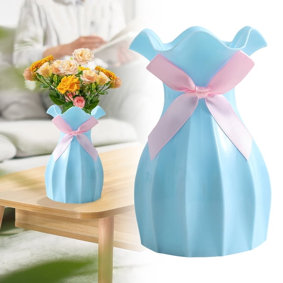 FXMLRLK 1 Pack Coquette Bow Vase Plastic Flower Vase Bow Room Decor Aesthetic, Shatterproof with Ribbon for Home Wedding Office Desk Decoration(Blue)