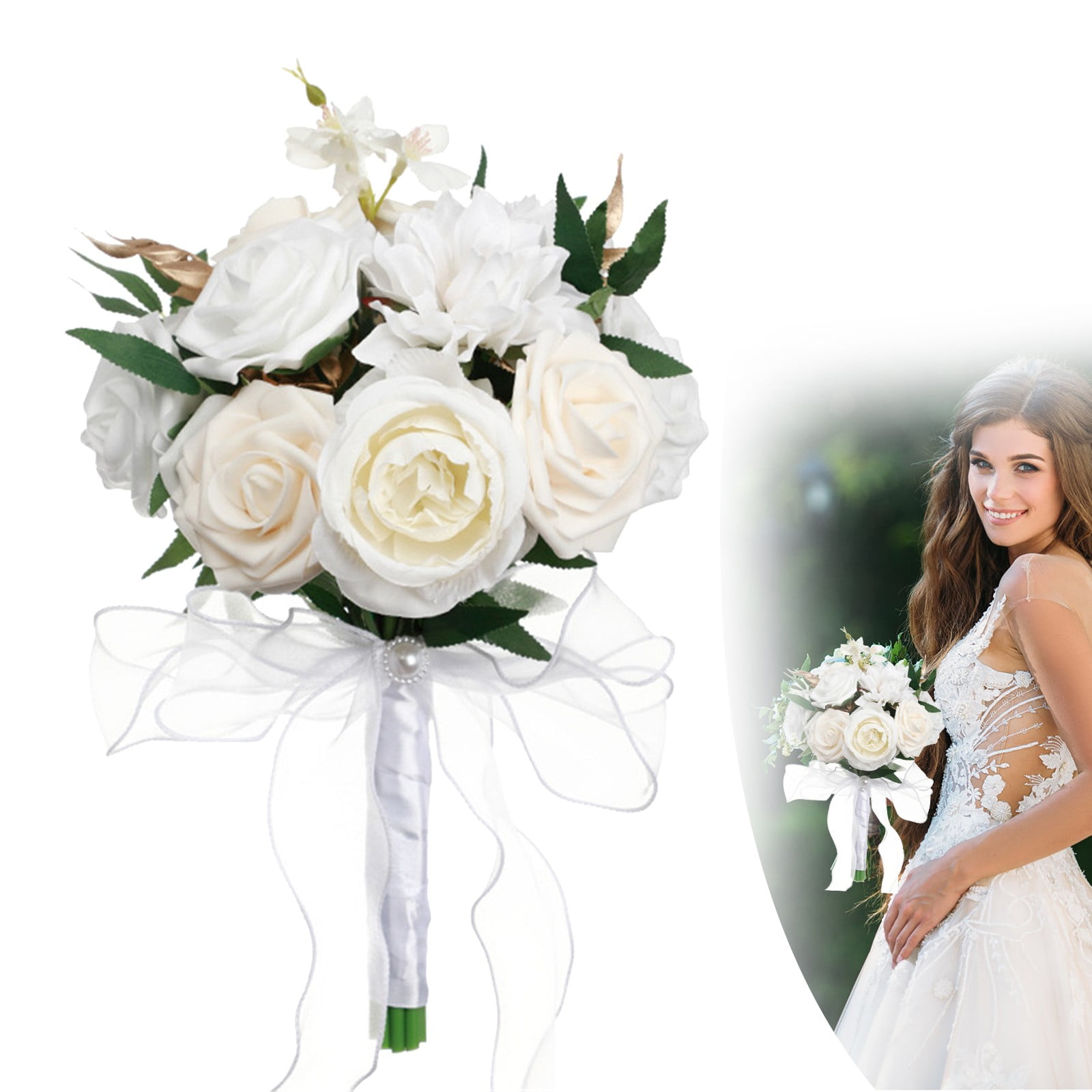 FXMLRLK 1 Pack Dusty Blue Wedding Bouquets for Bride Bridesmaid, White Wedding Artificial Flowers for Wedding Bouquets Ceremony, Anniversary