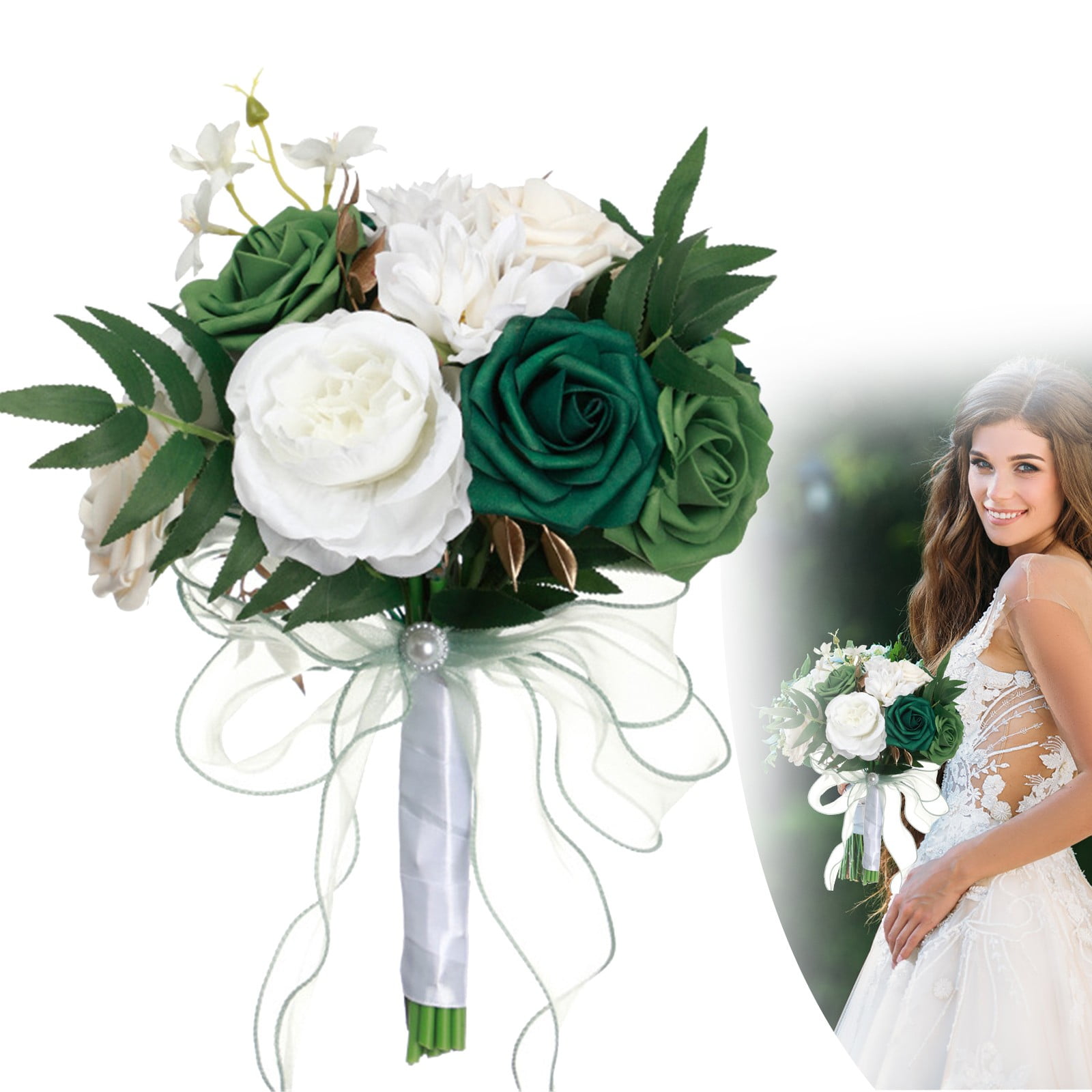 FXMLRLK 1 Pack Dusty Blue Wedding Bouquets for Bride Bridesmaid, White Wedding Artificial Flowers for Wedding Bouquets Ceremony, Anniversary