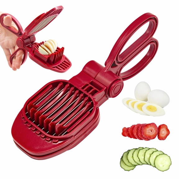 FXMLRLK 1 Pack Fruit Slicer, Strawberry, Banana, Kiwi Cutter, Egg Slicer for Hard Boiled Eggs, for Fruit Sausages, Cucumbers, Mushroom Cutter, Rapid & Safe Slicing Kitchen Gadgets, Red