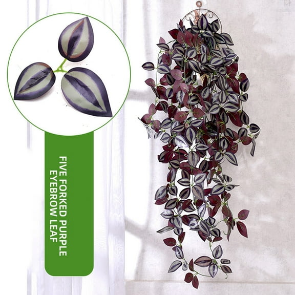 FXMLRLK 1 Pack Small Fake Hanging Purple Eyebrow Leaf Plant Artificial Potted Plants Indoor 39" Long Faux Hanging Vine Plant with Pot for Shelf Home Office and Outdoor Garden Decor