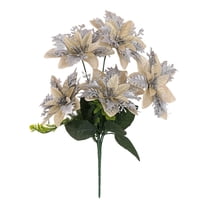 FXMLRLK 1 Pc Artificial Poinsettia Flowers Wedding Flowers Ornaments Glitter Faux Flowers 5 Stem Poinsettia Floral with Stem Leaf for Home Party Christmas DIY Craft Holiday Decor, Champagne