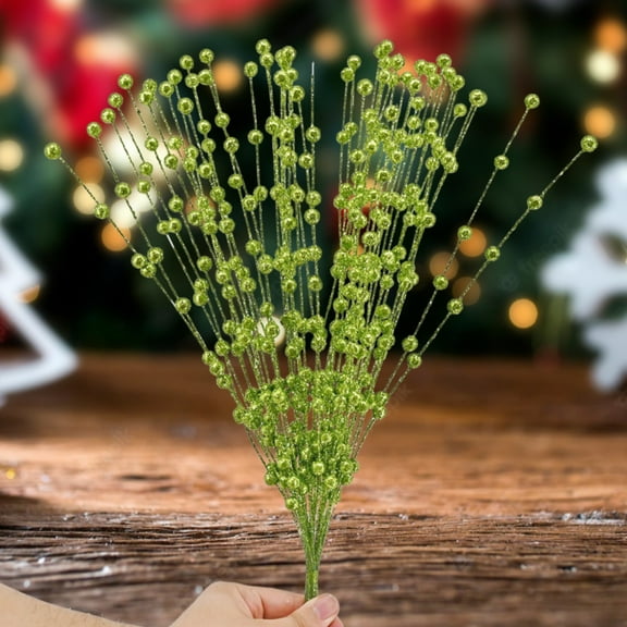 FXMLRLK 1 Pcs Christmas Artificial Glitter Berry Stem Decorations 17 inch Faux Stick Floral Pick Centerpiece Bouquet Flower Bead Twigs for Centerpiece Tree Wreath Xmas ornaments Home,Green