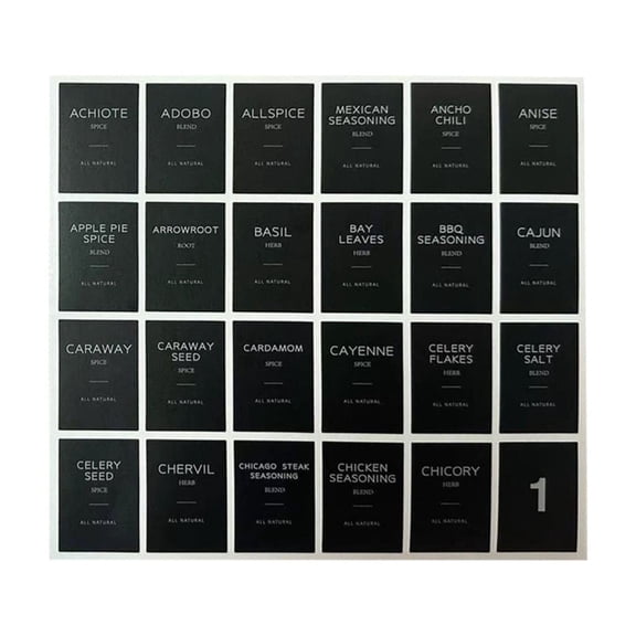 FXMLRLK 1 Set Black Spice Labels, Waterproof & Oil-Resistant Pre-Printed Stickers for Spice Jars, Durable, BPA-Free Seasoning Labels(Square shape)