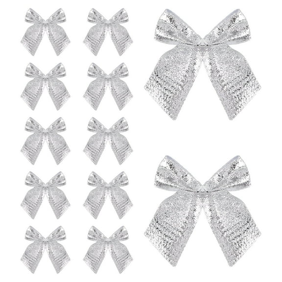 FXMLRLK 12 Pcs Silver Glitter Wired Ribbon Bows with Twist Tie, Metallic Christmas Bows for Gift Wrapping, Wreath, Garland, Holiday Crafts Party Home Outdoor Christmas Tree Decorations
