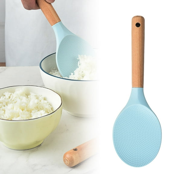 FXMLRLK 1Pc Silicone Rice Paddle with Wooden Handles, Non Stick Heat Resistant Rice Spoon Kitchen Gadge Scooper Cooking Utensil Cooker Spoon for Salads Mashed Potato, Sky Blue