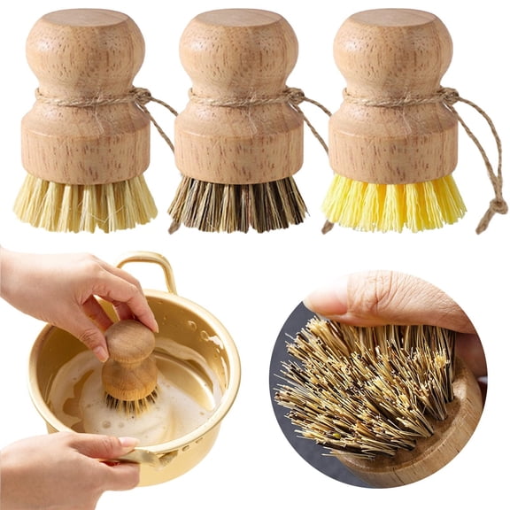 FXMLRLK 3 Packs Bamboo Dish Brush, Natural Wooden Dish Scrub Brush, Sisal Bristles Dish Scrubber Brush, Kitchen Scrub Brush with Handle and Hanging Rope for Cleaning