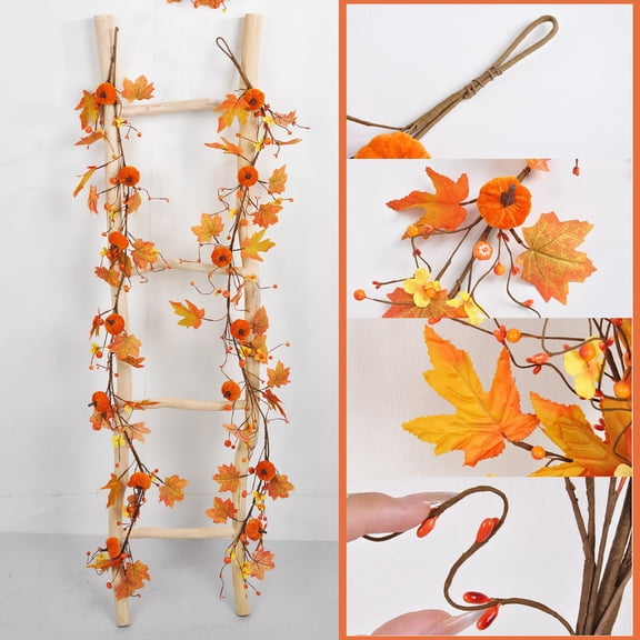 FXMLRLK 59 Inch Fall Garland, Autumn Pumpkin & Maple Leaf Garland for Mantel, Artificial Thanksgiving Decorations for Home