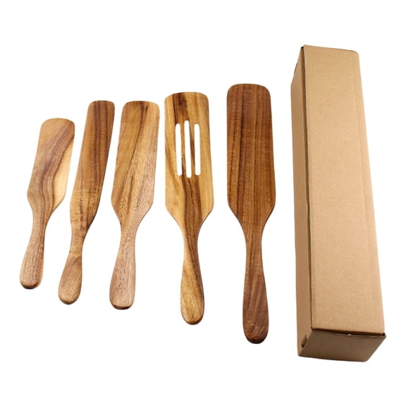 FXMLRLK 5Pcs Wooden Spurtle Set, Natural Wood Kitchen Utensils Set for Cooking, Stirring, Mixing, Serving, Heat Resistant Non-Stick, Wooden Spurtles for Mom, Wife Cooking Gifts(without Hole)