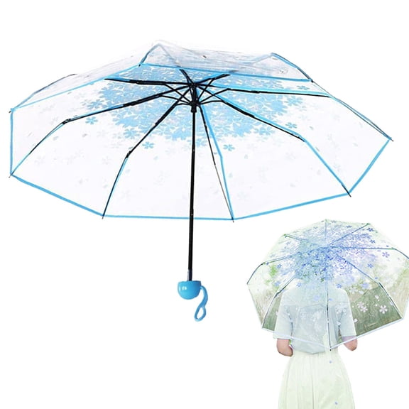 FXMLRLK Cherry Blossom Transparent Folding Umbrella – Three Fold Travel Umbrella – Cute Sakura Umbrella for Women & Men – Lightweight Rain & Sunshade (Blue)
