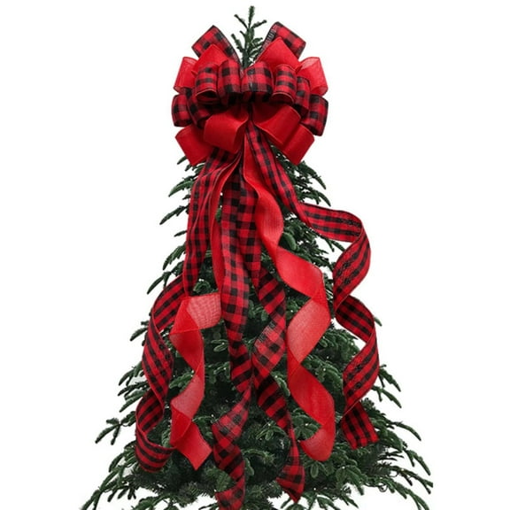 FXMLRLK Christmas Tree Topper Large Buffalo Plaid Burlap Red and Black Gift Bow for Xmas Tree Handmade Holiday Party Decorations-13 x 45 Inch,Red