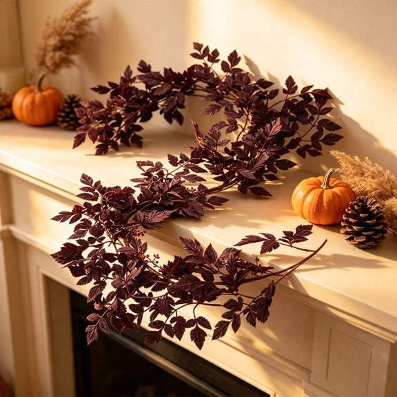 FXMLRLK Fall Garland for Mantle Fireplace - 1 Pack 5.8Ft Artificial Leaf Garlands Dark Purple Autumn Decor Table Decorations for Home Indoor Door Halloween Realistic Leaves Garlands Outdoor