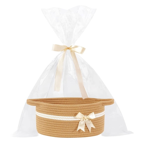 FXMLRLK Gift Baskets Empty, Gift Basket with Handles, Bow Basket for Gifts, Small Baskets with Gift Bag and Ribbon for Organizing, Valentine's Day, Birthday,Easter(Khaki)