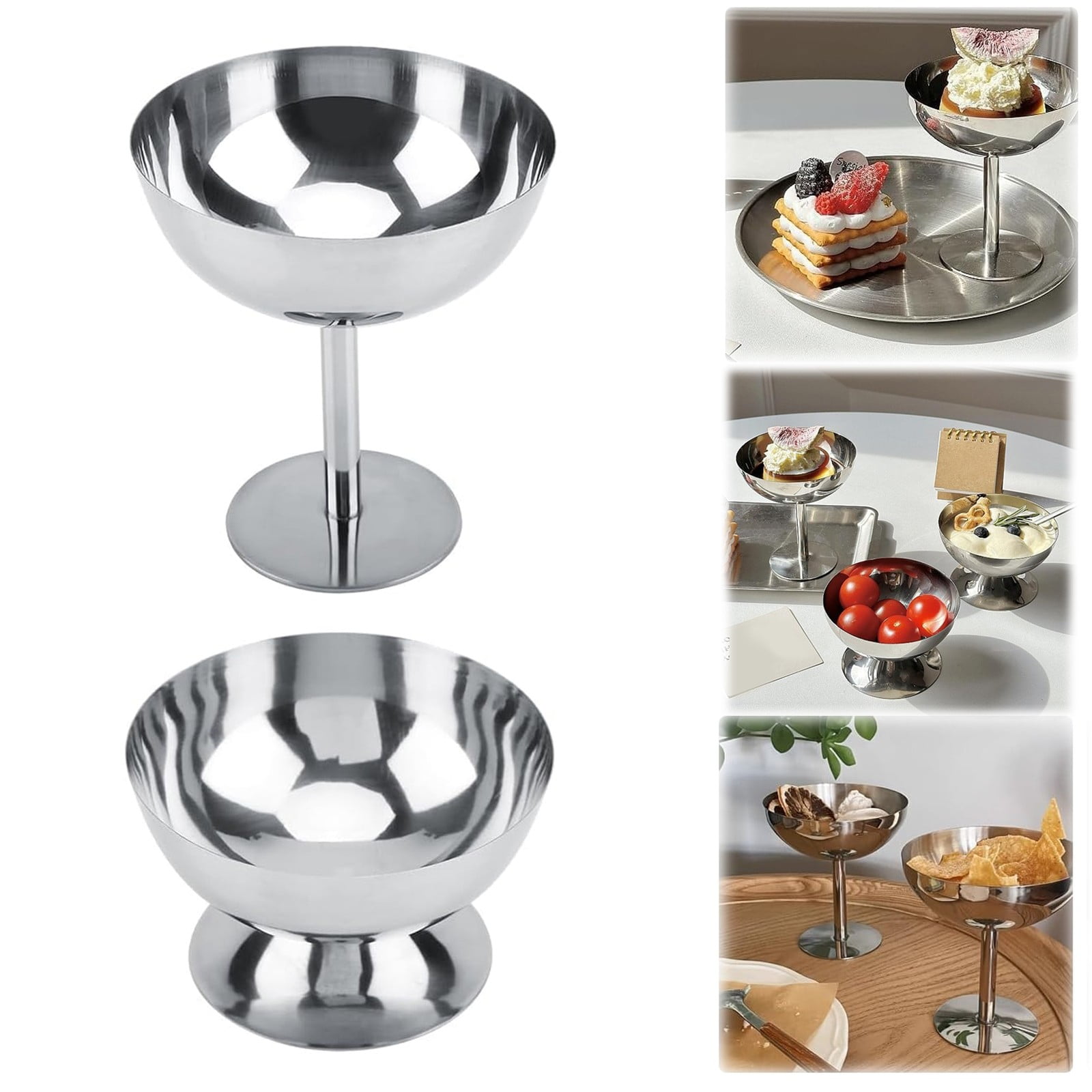 FXMLRLK Ice Cream Cup, Stainless Steel Serving Dessert Bowls Cups Sauce Bowls Mini Round Footed Yogurt Snack Candy Cups for Salad Fruit Pudding Christmas Party(2 Pack,Short&Tall)