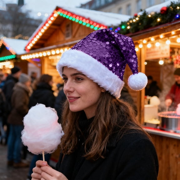 FXMLRLK Sequin Santa Hat Knitted Xmas Beanie Adult ,Shiny Sequin and Fluffy Pompom, Party Hat for New Year Xmas Festival Glitter Christmas Hats for Women Men,Purple