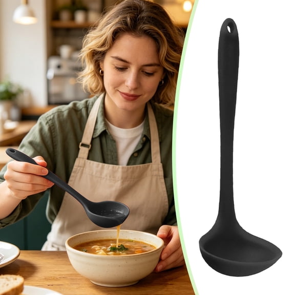 FXMLRLK Silicone Ladle Soup Spoon 8.3inch, Nonstick Heat Resistant Long Handle Unbreakable Big Round Scoop for Home Kitchen Cooking,Black