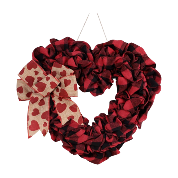 FXMLRLK Valentine's Day Burlap Heart Shaped Wreath,Red Buffalo Plaid with Bow, Valentine's Day Decor for Front Door Farmhouse Party Supplies