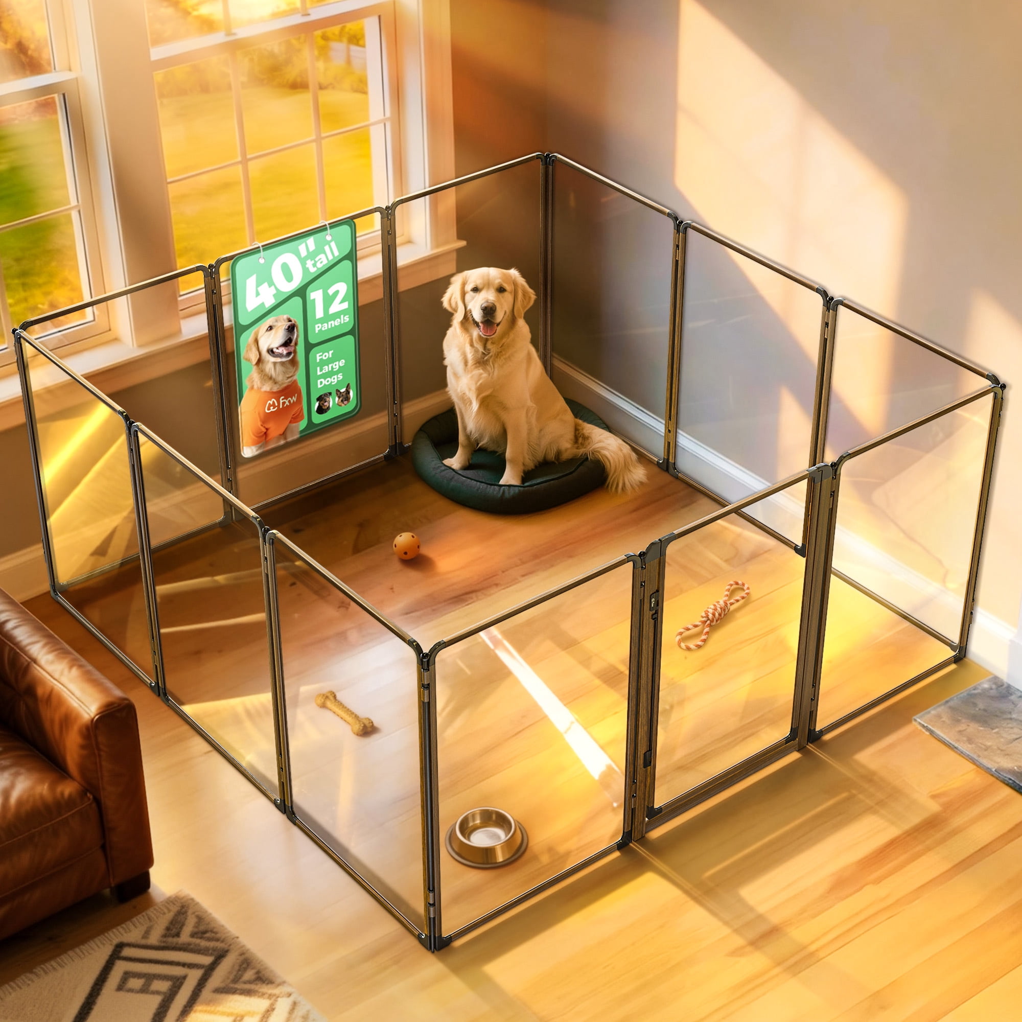 FXW AuraSpace Pro Metal & Acrylic Indoor Dog Playpen, All-Acrylic Clear Heavy-Duty Design, 40" Height 12 Panels for Medium and Large Dogs, Walnut│Patented