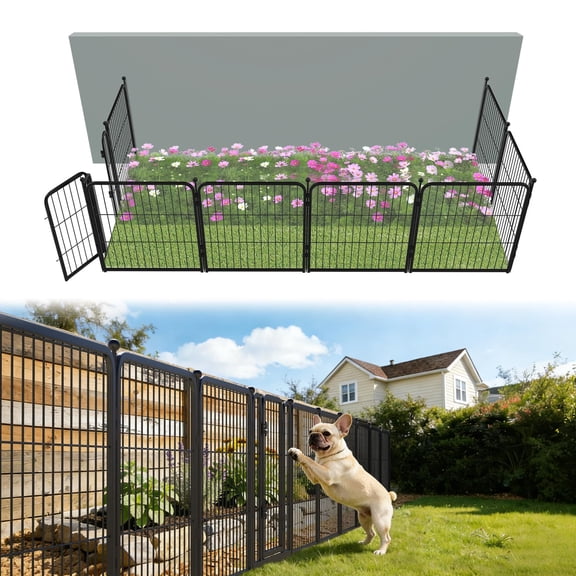 FXW Garden Fence Outdoor for The Yard – 24in(H) x 15.2ft(L) Heavy Duty Metal Animal Barrier for Dog and Rabbit, Decorative Dog Fence, 8 Panels, Black
