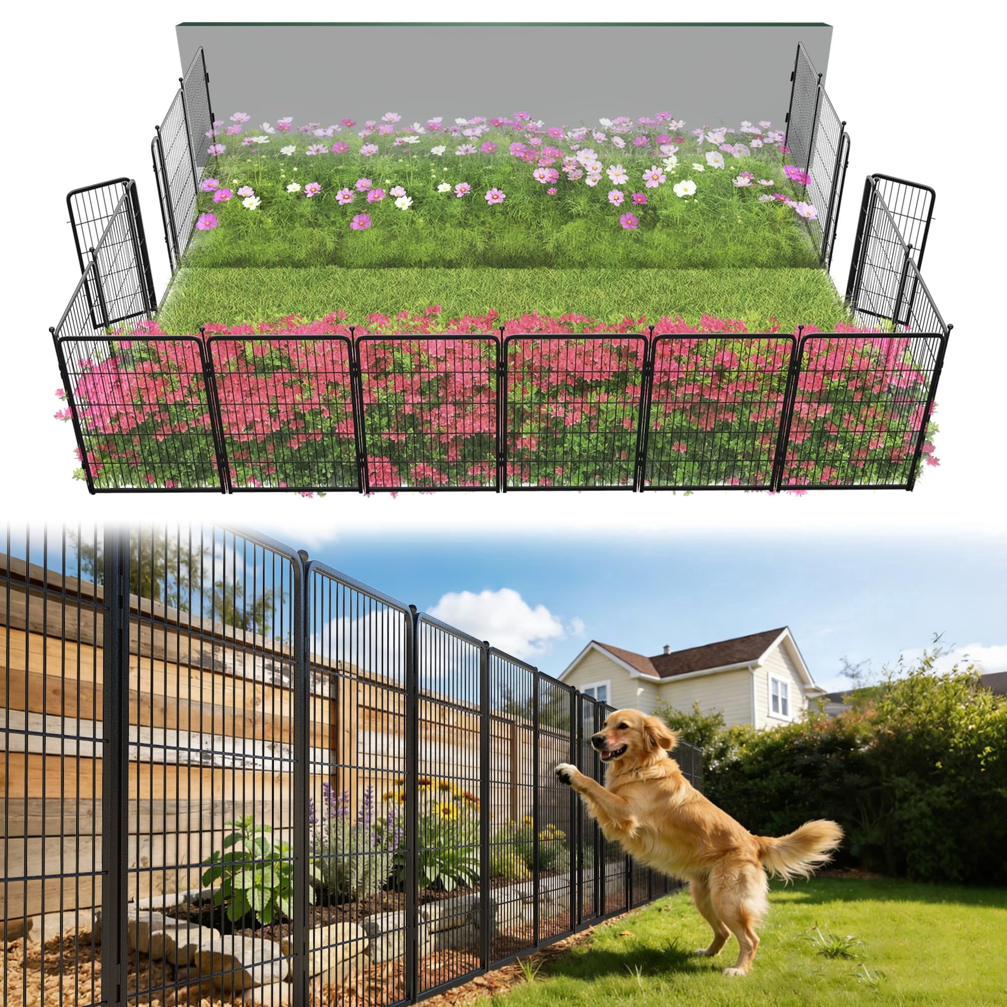 FXW Garden Fence Outdoor for the Yard – 40in(H) x 36.4ft(L) Heavy Duty Metal Animal Barrier for Dog, No Dig Decorative Dog Fence, 16 Panels, Black