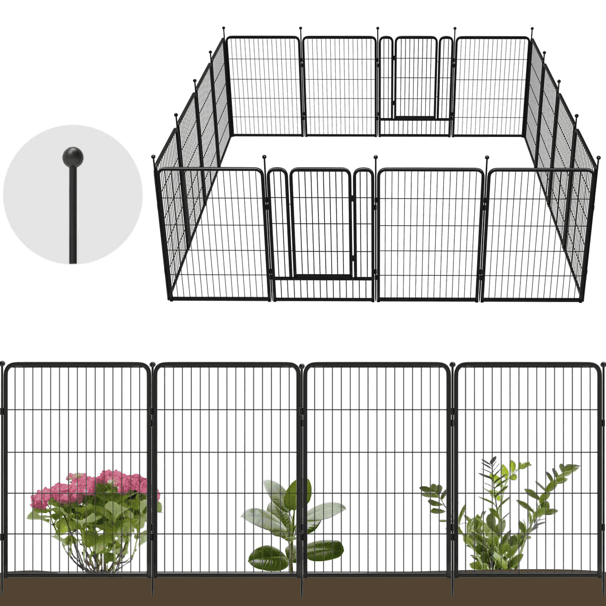 FXW Garden Fence Outdoor for the Yard – 40in(H) x 36.4ft(L) Heavy Duty Metal Animal Barrier for Dog and Rabbit, Decorative Dog Fence, 16 Panels, Black
