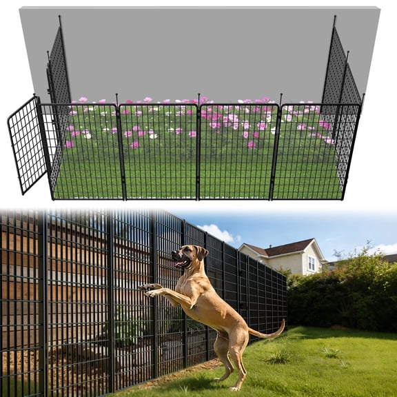 FXW Garden Fence Outdoor for the Yard – 50in(H) x 20.8ft(L) Heavy Duty Metal Animal Barrier for Dog, No Dig Decorative Dog Fence, 8 Panels, Black