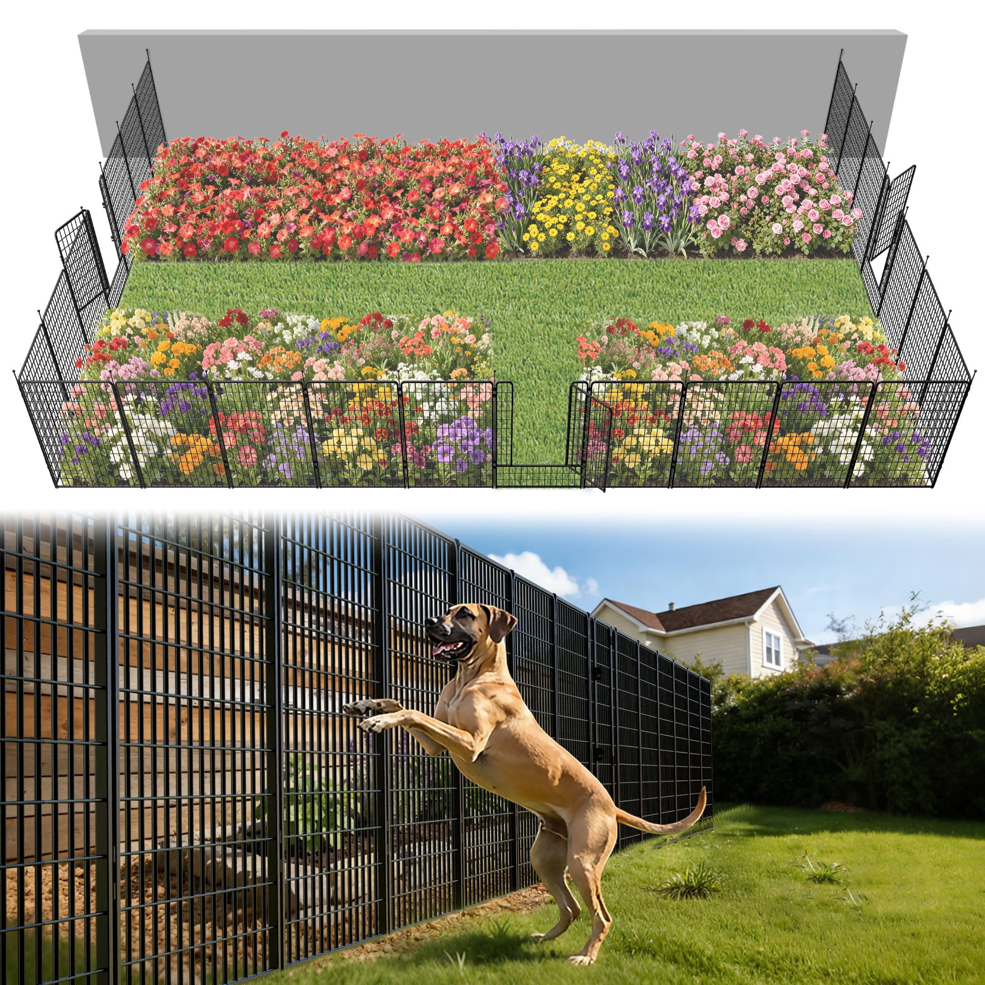 FXW Garden Fence Outdoor for the Yard – 50in(H) x 62.6ft(L) Heavy Duty Metal Animal Barrier for Dog, No Dig Decorative Dog Fence, 24 Panels, Black