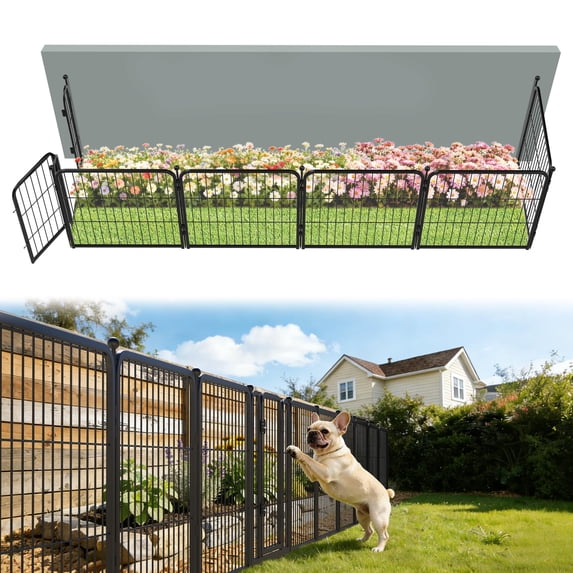 FXW Garden Fence Outdoor for the Yard – 24in(H) x 11.4ft(L) Heavy Duty Metal Animal Barrier for Dog, No Dig Decorative Dog Fence, 6 Panels, Black